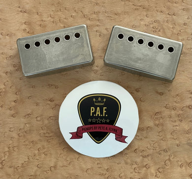Pickups by Pete A Flynn, historic aged nickel humbucker cover for Caleb Diekhoff - The Music Gallery