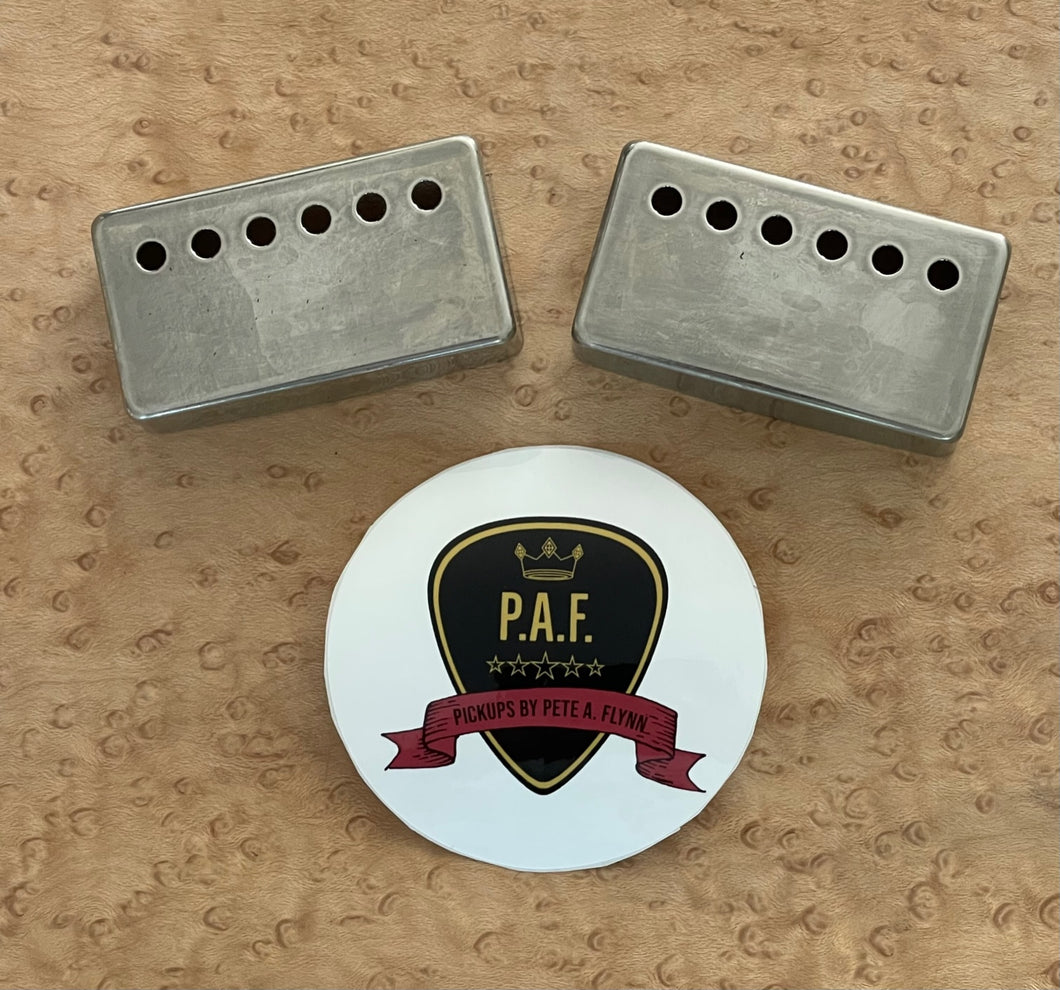 Pickups by Pete A Flynn, historic aged nickel humbucker cover for Caleb Diekhoff - The Music Gallery