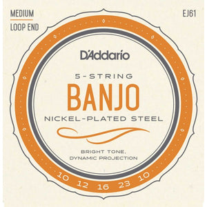 D'Addario EJ61 Nickel Plated Steel Medium Gauge 5-String Banjo Strings .010-.023 - The Music Gallery