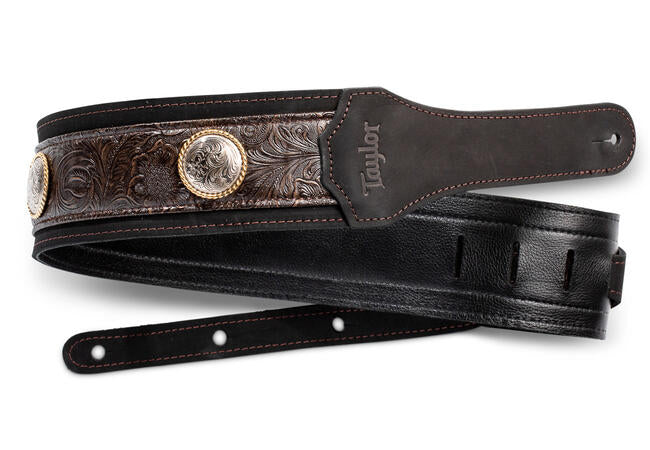 Taylor Grand Pacific 3 Inch Nickel Conch Black Leather Guitar Strap 4122-30 - The Music Gallery