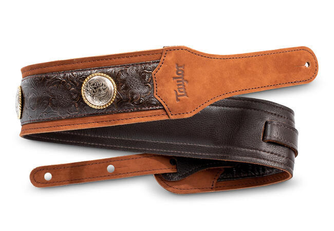 Taylor Grand Pacific 3 Inch Nickel Conch Brown Leather Guitar Strap 4121-30 - The Music Gallery