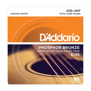 D'Addario EJ15 .010-.047 Phosphor Bronze Extra Light Acoustic Guitar Strings - The Music Gallery