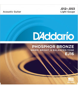D'Addario EJ16 .012-.053 Phosphor Bronze Light Acoustic Guitar Strings - The Music Gallery