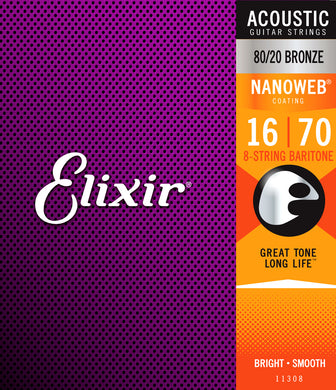 Elixir 11308 .014-.070 80/20 Bronze Nanoweb Baritone 8-String Acoustic Guitar Strings - The Music Gallery